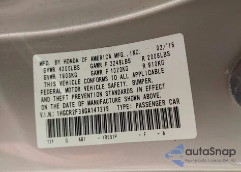2016 Honda Accord Lx from USA, damaged, VIN 1HGCR2F38GA14721